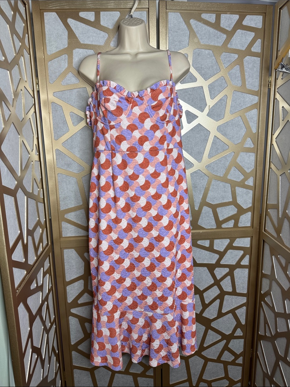 Slate & Willow Pastel Geometric Bustier Flounce Hem Midi Dress - Picture 2 of 11